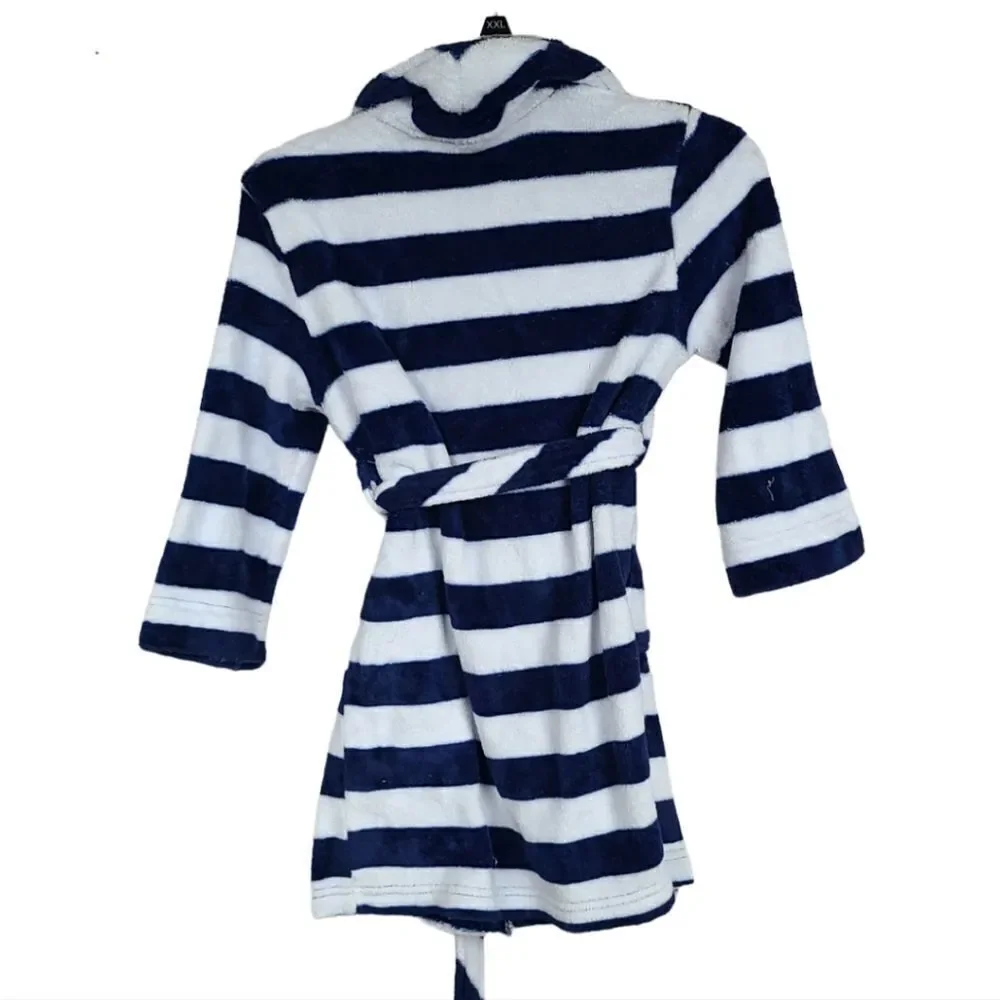 Navy Blue Stripe Bathrobe Kids S 6/7 Faux Fur Fleece Sleepwear Robe Plush Lounge